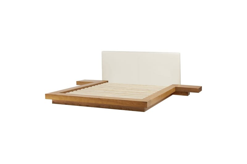 Dubbelsäng Zen med LED-belysning Ljus Trä-Vit, 160x200 cm, Konstläder - Ljus Trä-Vit, 160x200 cm, Konstläder - Möbler - Säng - Sängram & sängstomme