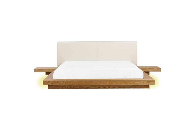 Dubbelsäng Zen med LED-belysning Ljus Trä-Vit, 180x200 cm, Konstläder - Ljus Trä-Vit, 180x200 cm, Konstläder - Möbler - Säng - Sängram & sängstomme