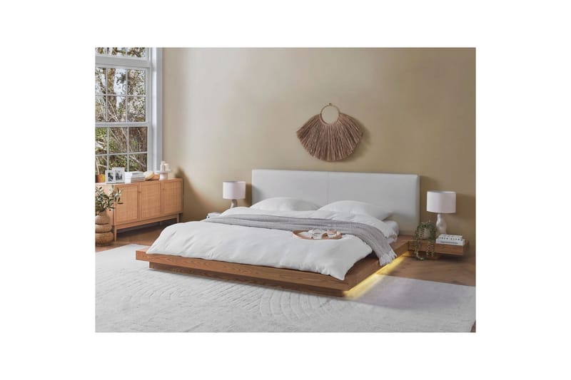 Dubbelsäng Zen med LED-belysning Ljus Trä-Vit, 180x200 cm, Konstläder - Ljus Trä-Vit, 180x200 cm, Konstläder - Möbler - Säng - Sängram & sängstomme