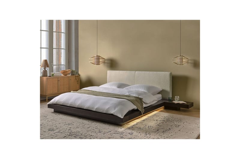 Dubbelsäng Zen med LED-belysning Mörk Trä-Vit, 160x200 cm, Bouclé - Mörk Trä-Vit, 160x200 cm, Bouclé - Möbler - Säng - Sängram & sängstomme