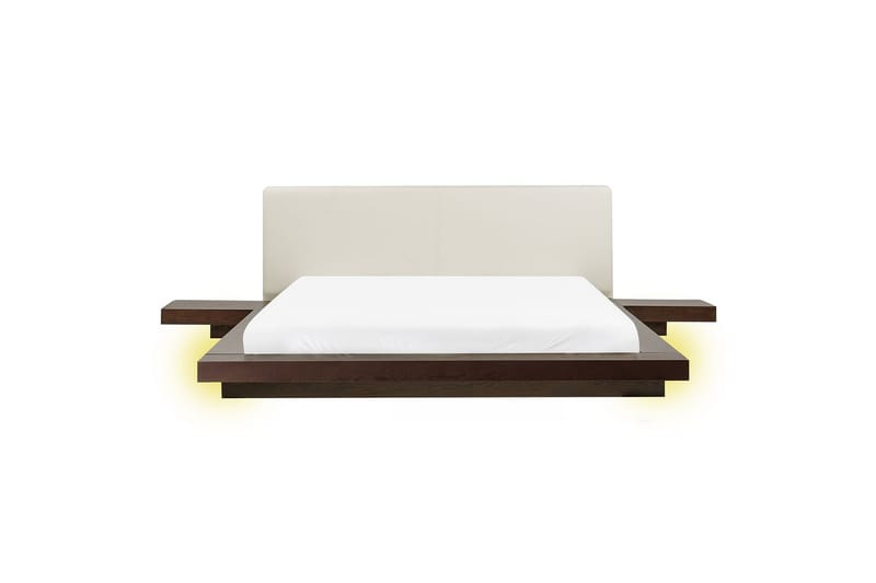 Dubbelsäng Zen med LED-belysning Mörk Trä-Vit, 160x200 cm, Konstläder - Mörk Trä-Vit, 160x200 cm, Konstläder - Möbler - Säng - Sängram & sängstomme