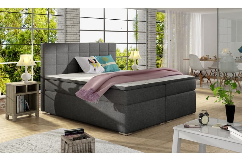 Cassaundra Komplett Sängpaket – Ramsäng 160x200 cm i Tyg med Sänggavel + Bäddmadrass, Grå