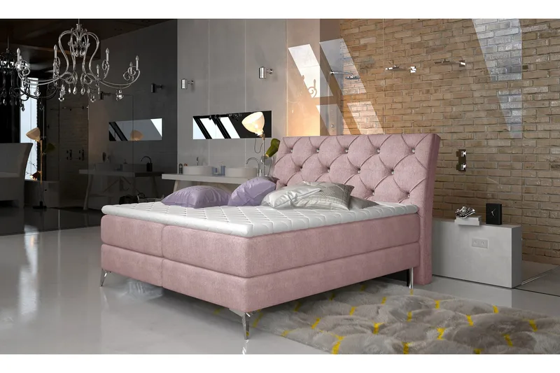 Comine Komplett Sängpaket – Ramsäng 160x200 cm i Tyg med Sänggavel + Bäddmadrass - Rosa - Möbler - Säng - Dubbelsäng