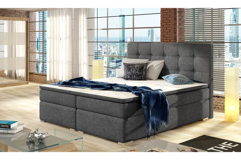 Esteiro Komplett Sängpaket – Dubbelsäng 160x200 cm i Tyg med Sänggavel + Bäddmadrass, Grå