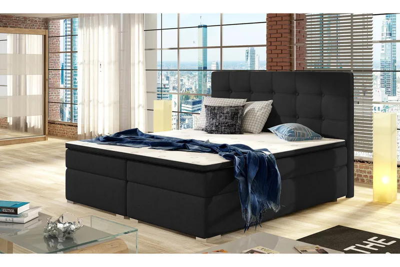 Esteiro Komplett Sängpaket – Dubbelsäng 160x200 cm i Tyg med Sänggavel + Bäddmadrass, Svart
