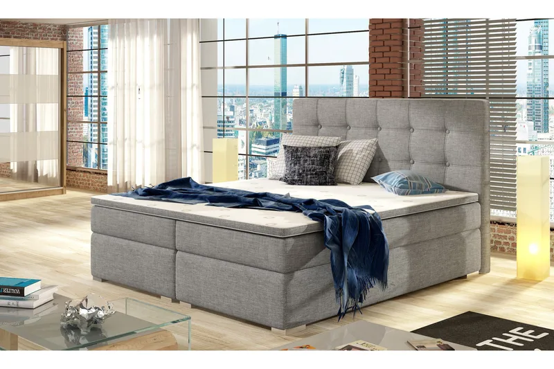 Esteiro Komplett Sängpaket – Dubbelsäng 180x200 cm i Tyg med Sänggavel + Bäddmadrass, Grå
