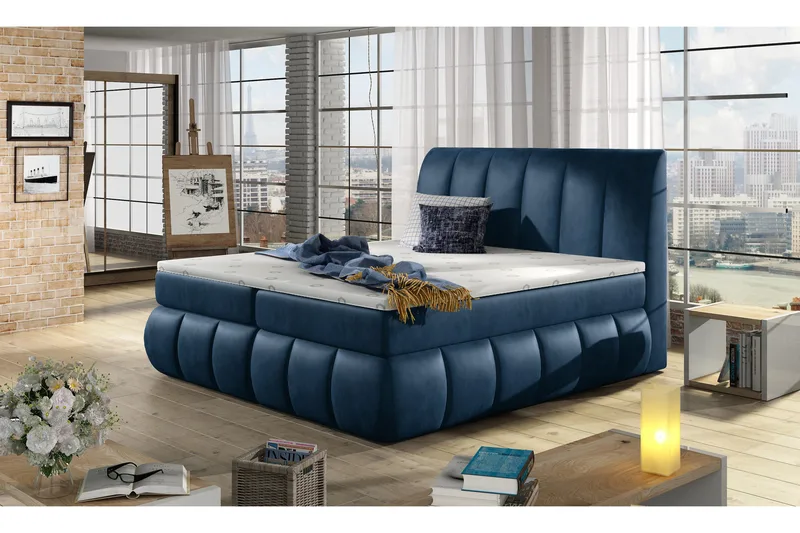 Fabara Komplett Sängpaket – Ramsäng 140x200 cm i Tyg med Sänggavel + Bäddmadrass, Blå