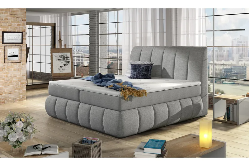 Fabara Komplett Sängpaket – Ramsäng 180x200 cm i Tyg med Sänggavel + Bäddmadrass, Grå