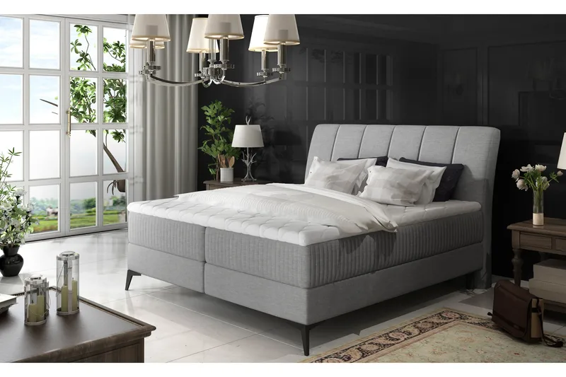 Hymana Komplett Sängpaket – Dubbelsäng 160x200 cm i Tyg med Sänggavel + Bäddmadrass, Grå