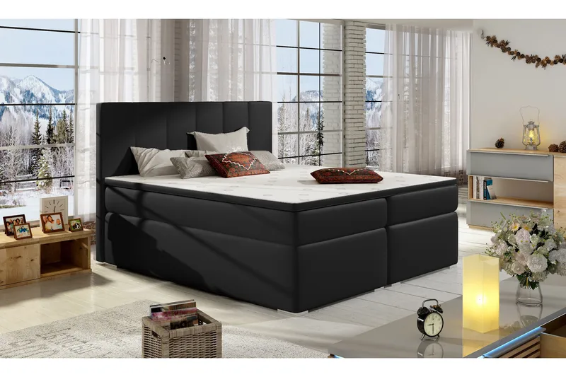 Jemina Komplett Sängpaket – Ramsäng 180x200 cm i Konstläder med Sänggavel + Bäddmadrass, Svart