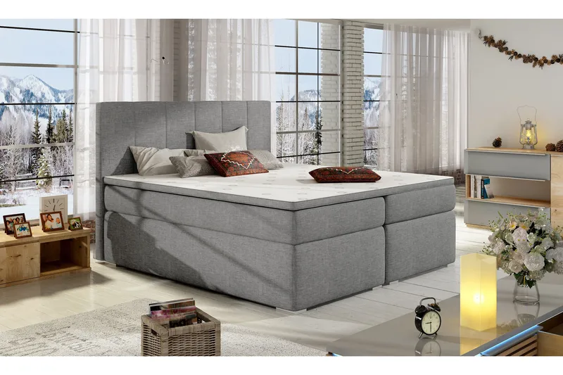 Jemina Komplett Sängpaket – Ramsäng 180x200 cm i Tyg med Sänggavel + Bäddmadrass, Grå