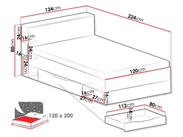 Edson Komplett Sängpaket med Förvaring 120x200 cm i Trä med Sänggavel + Bäddmadrass med Tygram - Vit - Möbler - Säng - Sängram & sängstomme