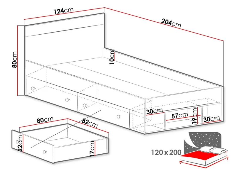 Elvaren Sängram med Förvaring 120x200 cm i Målat Trä med Sänggavel - Svart|Vit - Möbler - Säng - Sängram & sängstomme