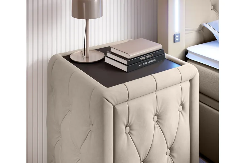 Franco Komplett Sängpaket med förvaring LED-belysning 180x200 cm + 2st Franco Sängbord - Beige / Sammet - Möbler - Säng - Kontinentalsäng