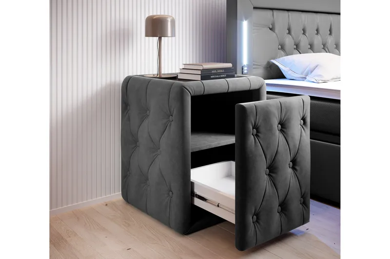 Franco Komplett Sängpaket med förvaring LED-belysning 180x200 cm + 2st Franco Sängbord - Grå|Sammet - Möbler - Säng - Kontinentalsäng
