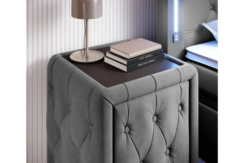 Franco Komplett Sängpaket med förvaring LED-belysning 180x200 cm + 2st Franco Sängbord - Grå|Sammet - Möbler - Säng - Kontinentalsäng