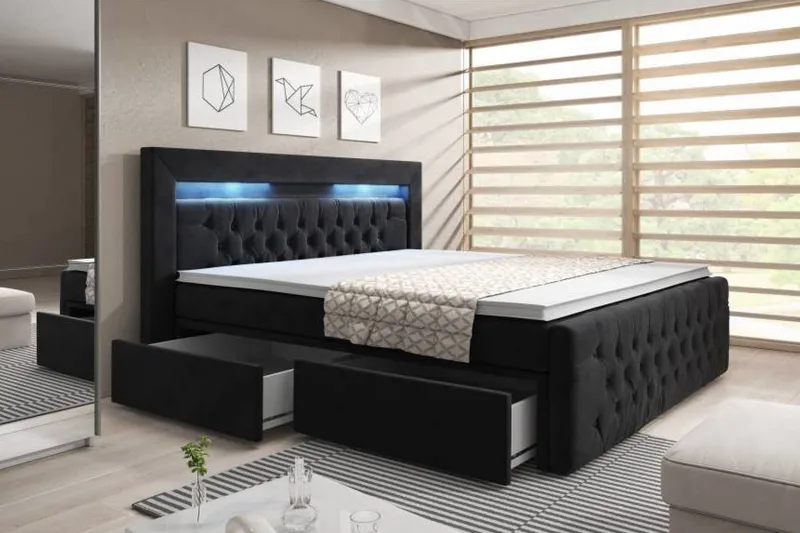 Franco Komplett Sängpaket med förvaring LED-belysning 180x200 cm - Svart / Sammet - Möbler - Säng - Komplett sängpaket