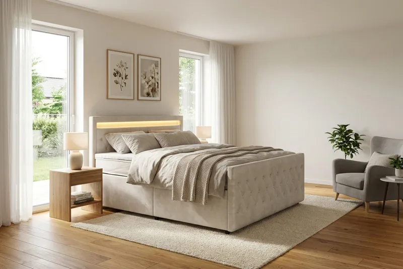Franco light Komplett Sängpaket med förvaring LED-belysning 180x200 cm - Beige - Möbler - Säng - Komplett sängpaket