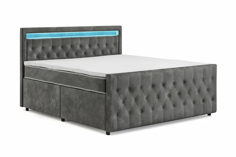 Franco light Komplett Sängpaket med förvaring LED-belysning 180x200 cm - Grå - Möbler - Säng - Komplett sängpaket