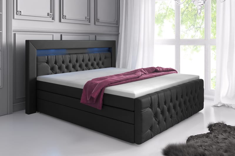 Franco Lyx Sängpaket 140x200LED-belysning - Svart/Konstläder - Komplett sängpaket - Sängar med förvaring - Dubbelsäng