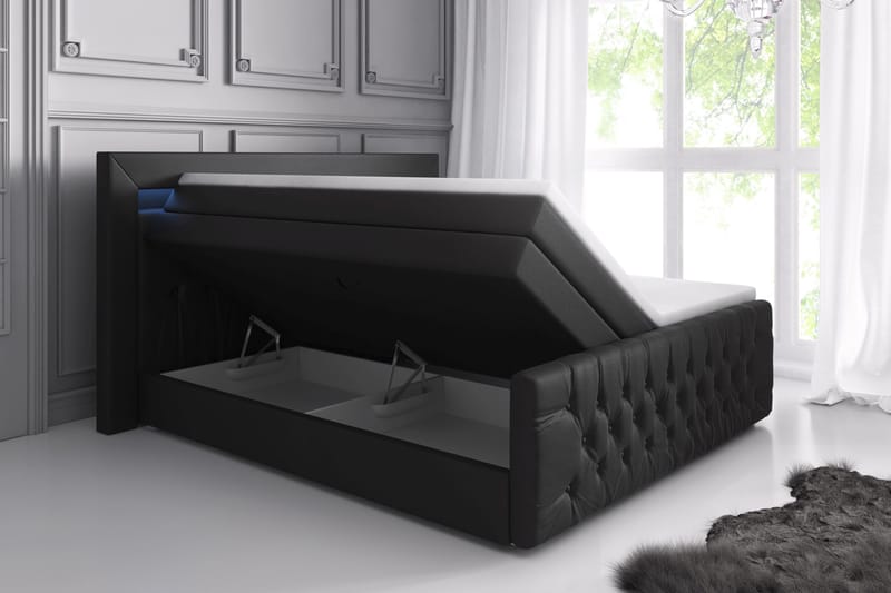 Franco Lyx Sängpaket 160x200LED-belysning - Svart/Konstläder - Komplett sängpaket - Sängar med förvaring - Dubbelsäng