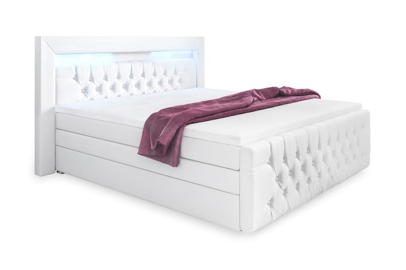 Franco Lyx Sängpaket 160x200LED-belysning - Vit/Konstläder - Sängar med förvaring - Dubbelsäng - Komplett sängpaket