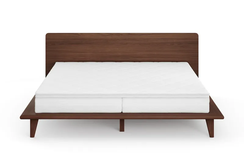 Gryning Sängram med Gavel 180x200 cm med Pocketresårmadrass och Bäddmadrass i Polyesterskum Vändbar Sommar- & Vintersida Tvättbar klädsel, Valnöt