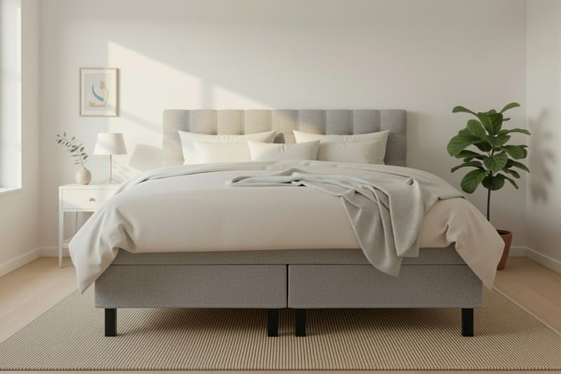 Hilton Komplett Sängpaket 180x200 cm Kontinentalsäng med rutad sänggavel i teddy - Grå - Möbler - Säng - Kontinentalsäng