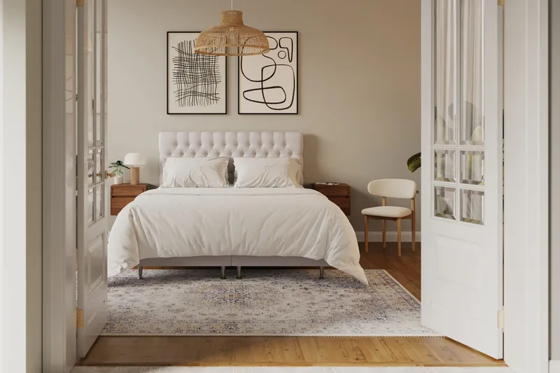 Hilton Lyx Komplett Sängpaket 160x200 cm Kontinentalsäng med knappad sänggavel i sammet - Beige / Sammet - Möbler - Säng - Kontinentalsäng