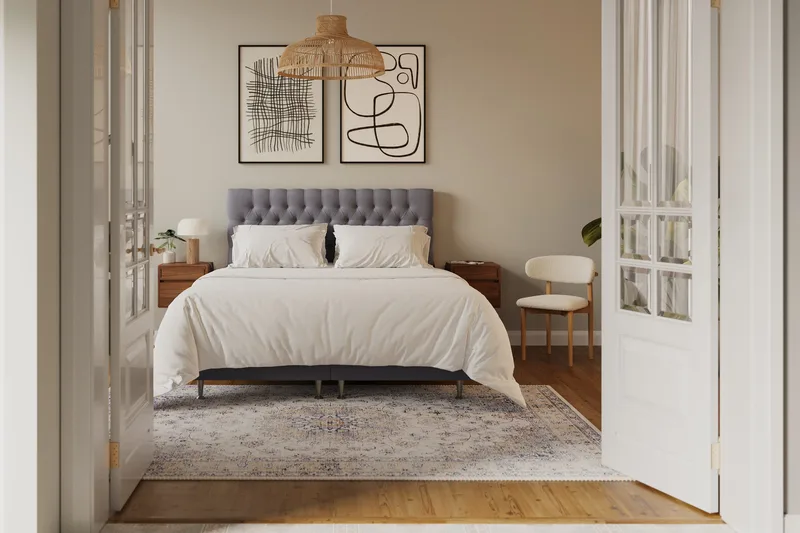 Hilton Lyx Komplett Sängpaket 160x200 cm Kontinentalsäng med knappad sänggavel i sammet - Grå / Sammet - Möbler - Säng - Kontinentalsäng