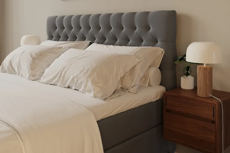 Hilton Lyx Komplett Sängpaket 160x200 cm Kontinentalsäng med knappad sänggavel i sammet - Ljusgrå / Sammet - Möbler - Säng - Kontinentalsäng