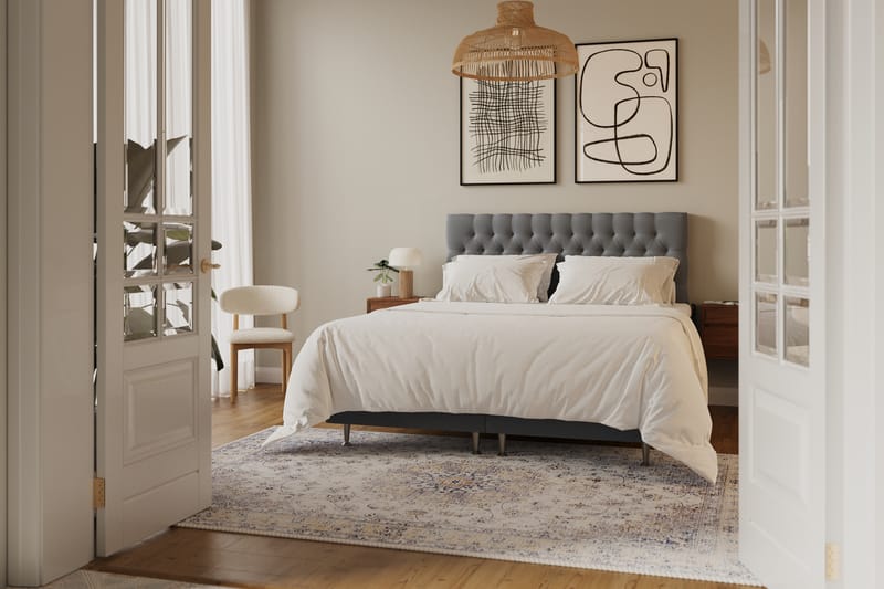 Hilton lyx Komplett Sängpaket 160x200 cm Kontinentalsäng med knappad sänggavel i sammet - Ljusgrå / Sammet - Möbler - Säng - Komplett sängpaket