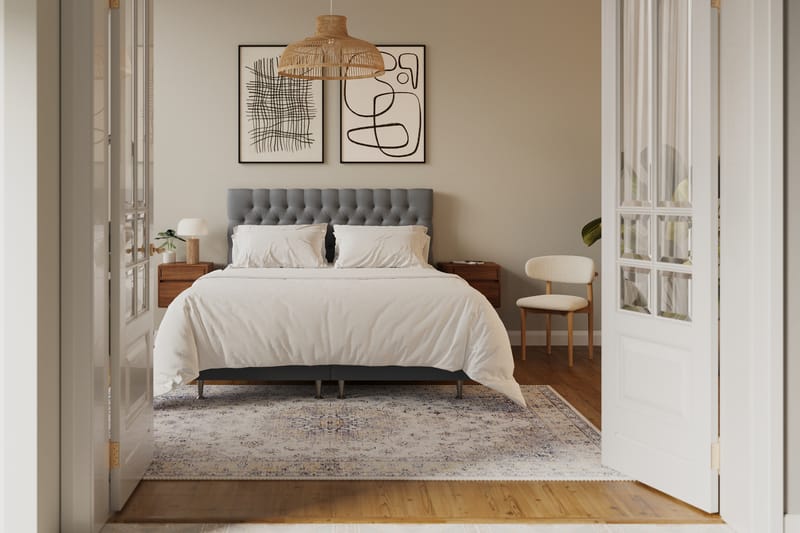 Hilton lyx Komplett Sängpaket 160x200 cm Kontinentalsäng med knappad sänggavel i sammet - Ljusgrå / Sammet - Möbler - Säng - Komplett sängpaket