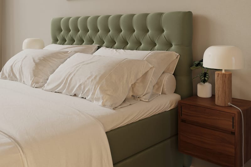 Hilton Lyx Komplett Sängpaket 160x200 cm Kontinentalsäng med knappad sänggavel i sammet - Olivgrön / Sammet - Möbler - Säng - Kontinentalsäng