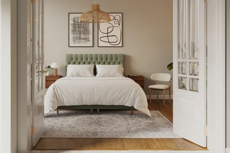 Hilton Lyx Komplett Sängpaket 160x200 cm Kontinentalsäng med knappad sänggavel i sammet - Olivgrön / Sammet - Möbler - Säng - Kontinentalsäng