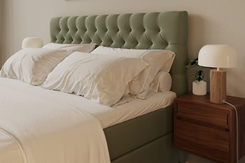 Hilton lyx Komplett Sängpaket 160x200 cm Kontinentalsäng med knappad sänggavel i sammet - Olivgrön / Sammet - Möbler - Säng - Komplett sängpaket