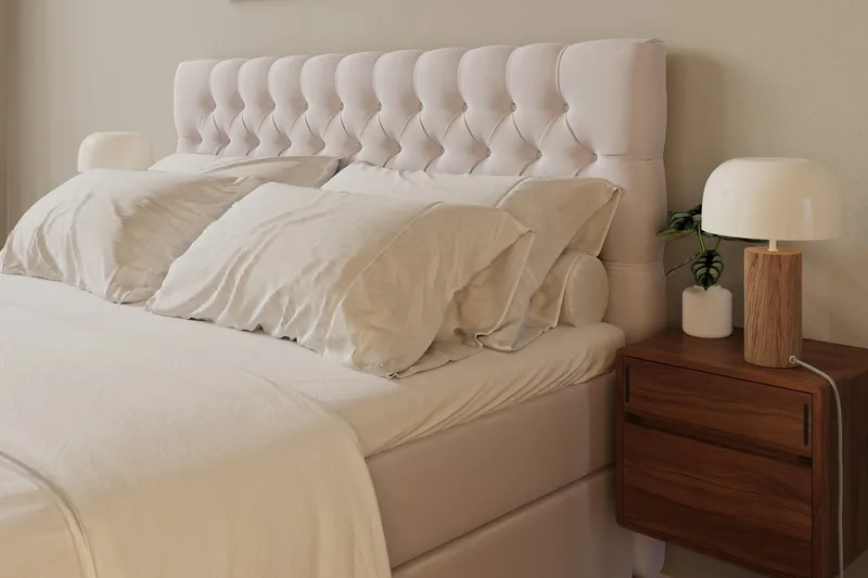 Hilton Lyx Komplett Sängpaket 180x200 cm Kontinentalsäng med knappad sänggavel i sammet - Beige - Möbler - Säng - Kontinentalsäng