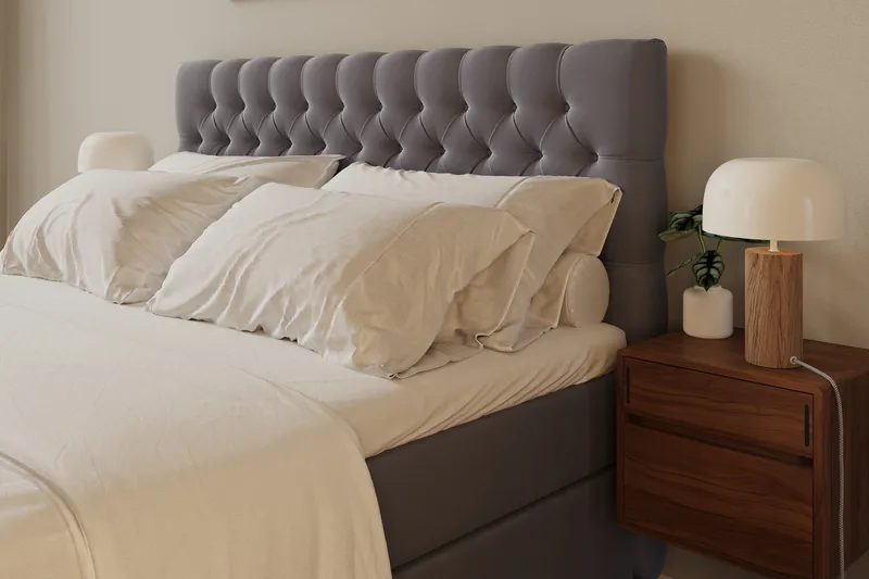 Hilton Lyx Komplett Sängpaket 180x200 cm Kontinentalsäng med knappad sänggavel i sammet - Grå - Möbler - Säng - Kontinentalsäng