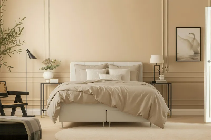 Hilton Premium Komplett Sängpaket 160x200 cm Kontinentalsäng med Sänggavel - Ljusbeige Tyg - Möbler - Säng - Kontinentalsäng