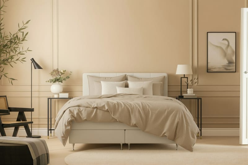 Hilton Premium Komplett Sängpaket 180x200 cm Kontinentalsäng med Sänggavel - Ljusbeige Tyg - Möbler - Säng - Kontinentalsäng