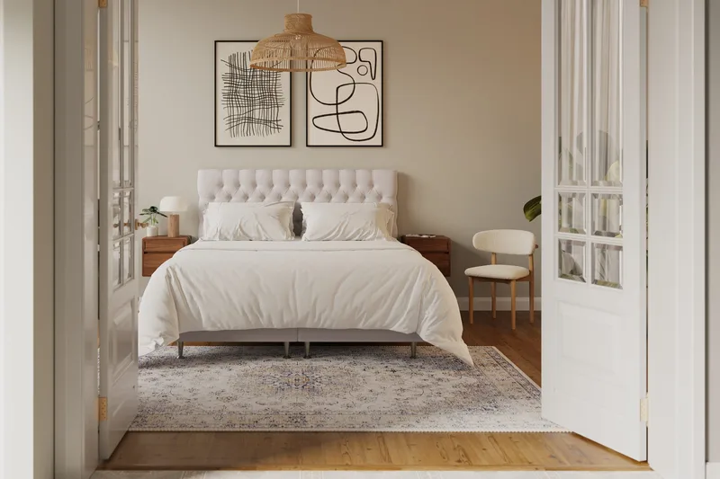 HVILA Lyx Komplett Sängpaket 180x200 cm Kontinentalsäng med knappad sänggavel i sammet - Beige - Möbler - Säng - Kontinentalsäng