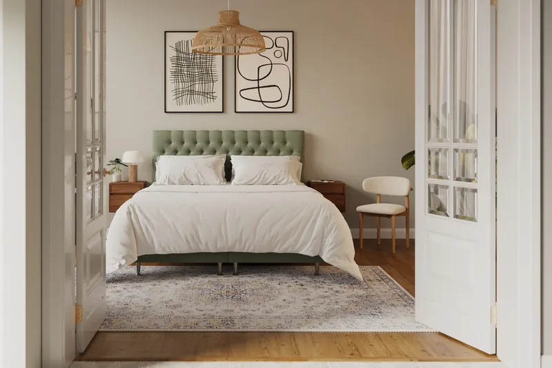 HVILA Lyx Komplett Sängpaket 180x200 cm Kontinentalsäng med knappad sänggavel i sammet - Olivgrön - Möbler - Säng - Kontinentalsäng