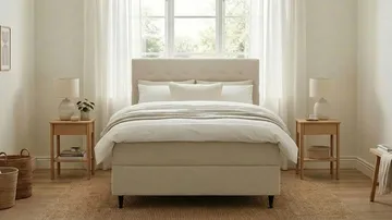 HVILA Plus Komplett Sängpaket – Kontinentalsäng 140x200 cm i Tyg med Förvaring, Sänggavel + Bäddmadrass med Fasthetsgrad Mediumfast - Ljusbeige - Möbler - Säng - Kontinentalsäng