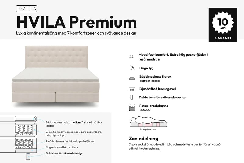 HVILA Premium Sängpaket Kontinentalsäng 180x200 cm med svävande effekt inkl. Bäddmadrass i Latex med Tvättbar klädsel - Medium/Fast - Möbler - Säng - Komplett sängpaket