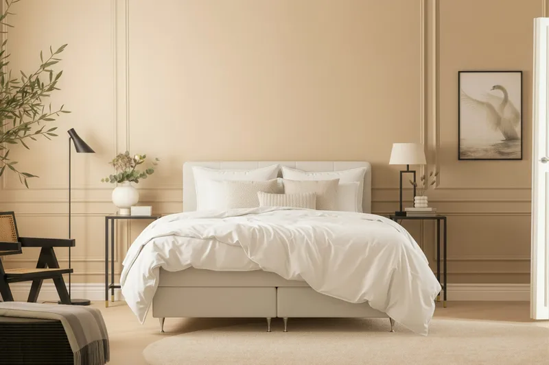 HVILA Premium Komplett Sängpaket 160x200 cm Kontinentalsäng med Sänggavel - Ljusbeige Bouclé - Möbler - Säng - Kontinentalsäng