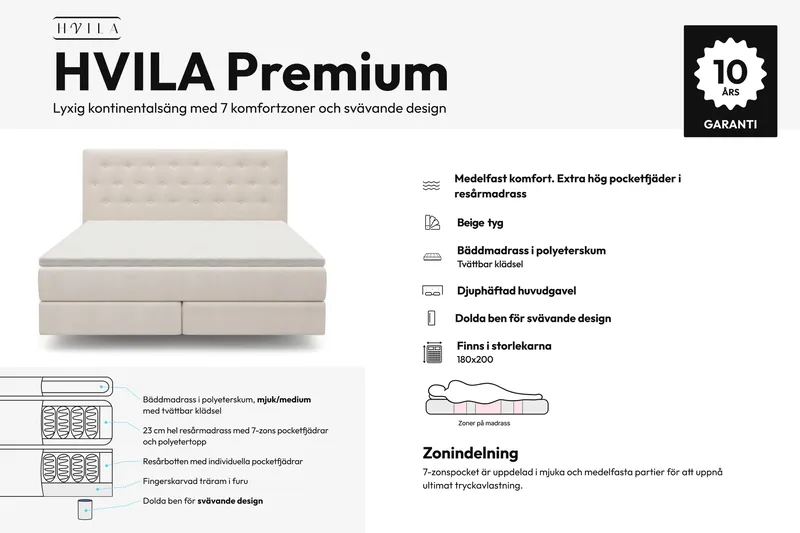 HVILA Premium Sängpaket Kontinentalsäng 180x200 cm med svävande effekt inkl. Bäddmadrass i Polyeterskum Mjuk/Medium med Tvättbar klädsel - Mjuk/Medium - Möbler - Säng - Komplett sängpaket