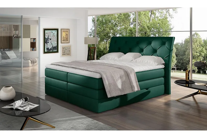 Bellamir Komplett Sängpaket 180x200 cm i Konstläder med Förvaring och Sänggavel + Bäddmadrass, Grön