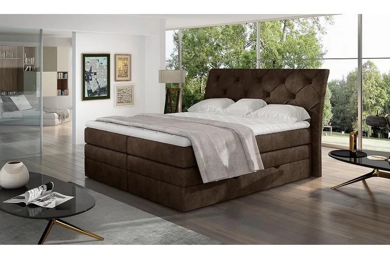 Bellamir Komplett Sängpaket 180x200 cm i Tyg med Förvaring och Sänggavel + Bäddmadrass, Brun