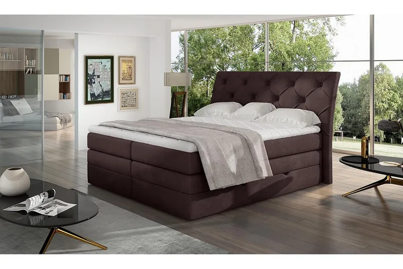 Bellamir Komplett Sängpaket 180x200 cm i Tyg med Förvaring och Sänggavel + Bäddmadrass, Brun