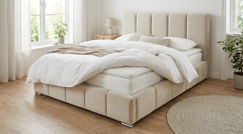 Cleaton Bubblig Sängram 180x200 cm med Förvaring HVILA Pocketresårmadrass och Bäddmadrass i Polysterskum med Tvättbar klädsel - Beige/Vit - Möbler - Säng - Komplett sängpaket